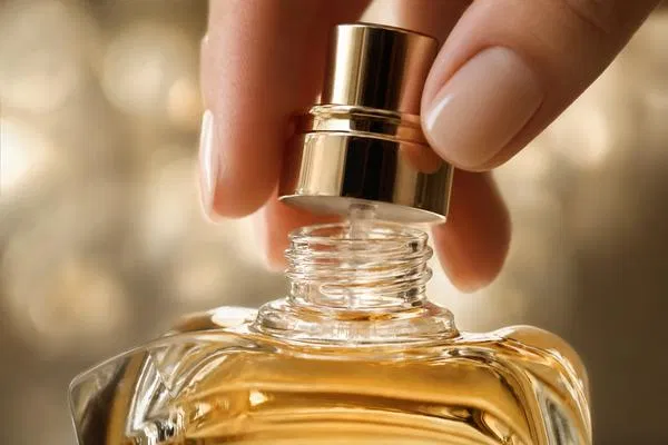 Close up of a screw neck refillable perfume glass bottle with atomizer