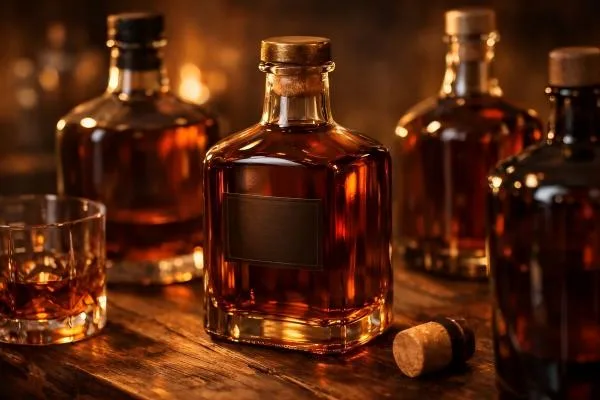 Close-up of amber liquor bottles