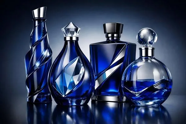 Striking blue glass liquor bottles