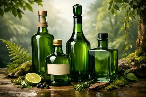 Arrangement of green glass liquor bottles