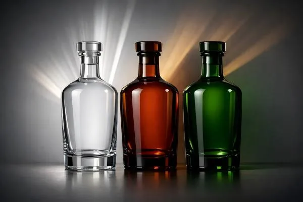 Side-by-side comparison of clear, amber, and green liquor bottles illustrating UV protection