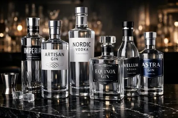 Collection of elegant clear glass liquor bottles