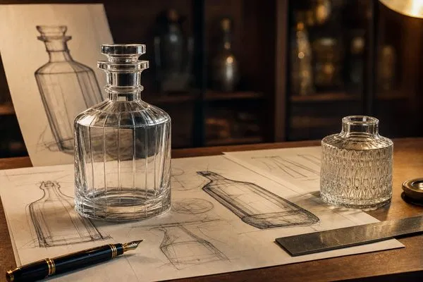 A designer's desk with sketches of spirit bottles, glass samples, and a finished premium custom bottle
