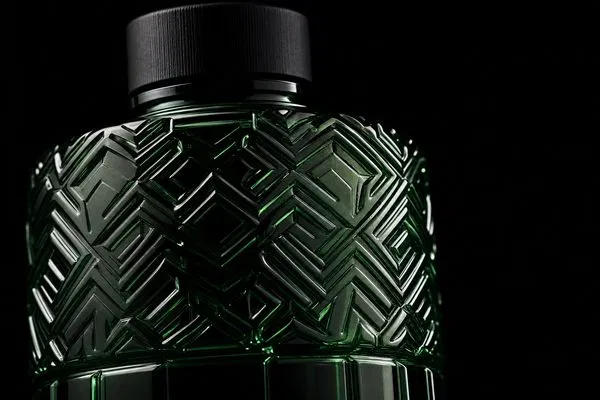 Close-up of a premium spirit bottle showing intricate embossed glass details and a heavy base