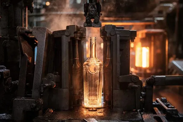 Industrial glass manufacturing process showing a glowing mold shaping a custom bottle
