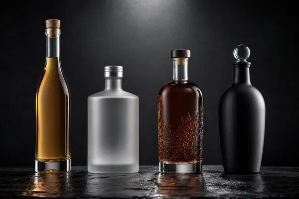 A lineup of finished custom spirit bottles showcasing different shapes, colors, and closures