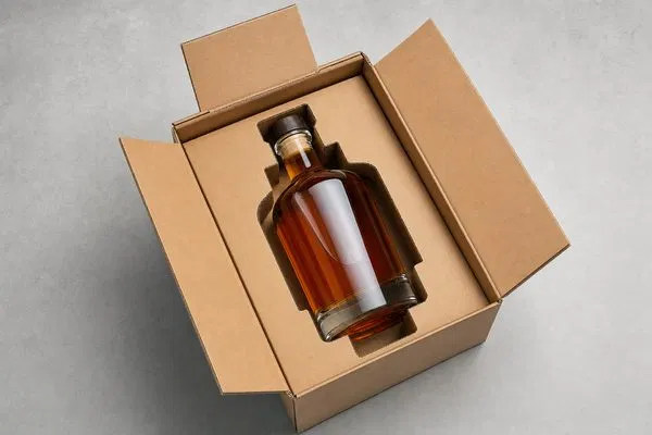 A well-packaged glass bottle in a corrugated shipping box with custom inserts