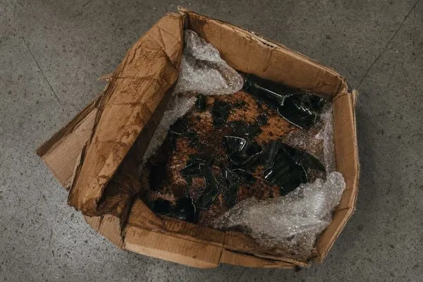 A damaged shipping box with a broken glass bottle inside, illustrating the cost of poor packaging