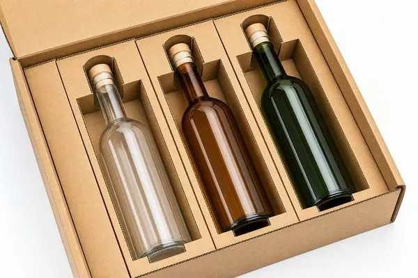 Close-up of a custom die-cut corrugated insert holding a premium spirit bottle securely