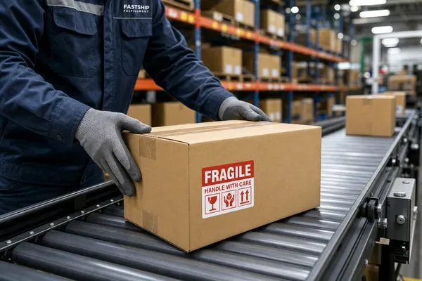 A logistics worker carefully loading securely packaged glass bottles onto a delivery truck