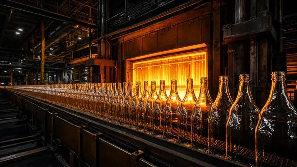 Glass bottles on a conveyor belt emerging from a glowing industrial furnace