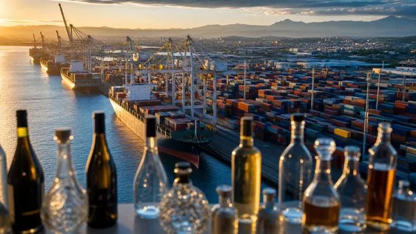 Aerial view of a shipping port at golden hour with glass bottles in the foreground