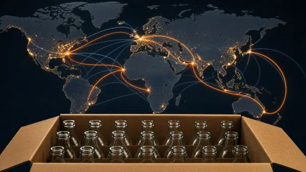 Illuminated world trade route map with glass bottles in a shipping box