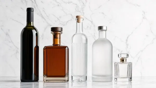 Collection of premium glass bottles including wine, whisky, gin, and vodka on a marble surface