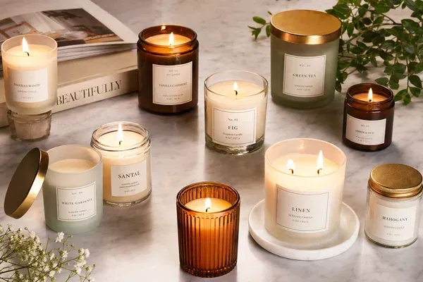 A diverse collection of high-quality glass candle jars in various colors and finishes