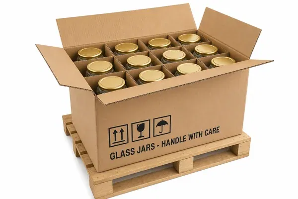 Secure export packaging for glass jars with corrugated dividers and palletization
