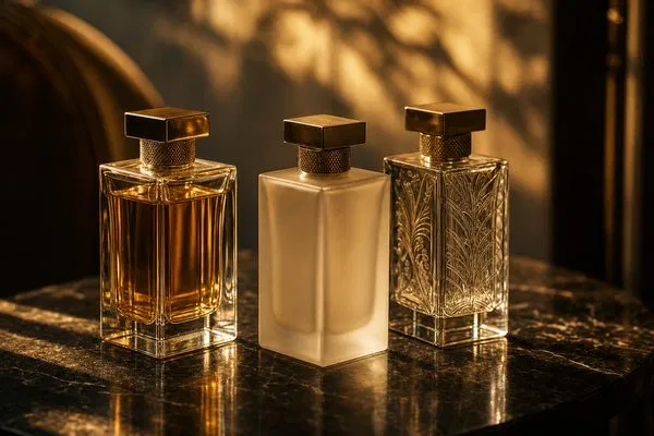 Three premium heavy-base glass perfume bottles on dark marble surface in golden hour light