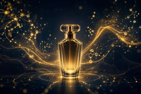 Abstract visualization of fragrance molecules and scent trails with a glowing glass perfume bottle