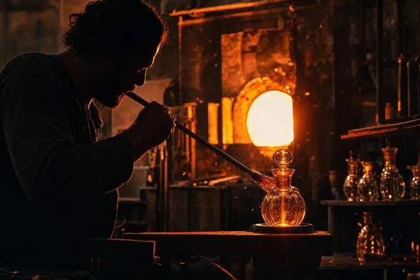 Glass craftsman shaping a perfume bottle near a glowing furnace in a dramatic industrial setting