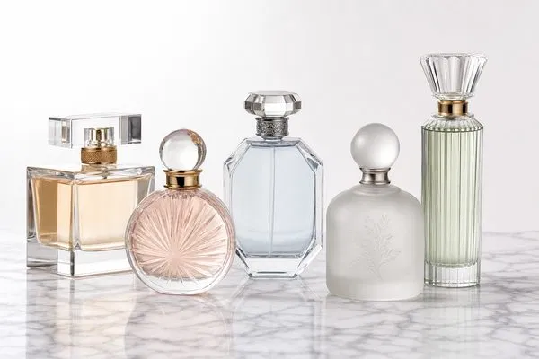 Five diverse premium glass perfume bottles displayed on white Carrara marble in clean studio lighting