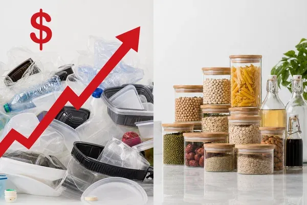 Conceptual image showing plastic packaging costs rising while glass packaging remains stable