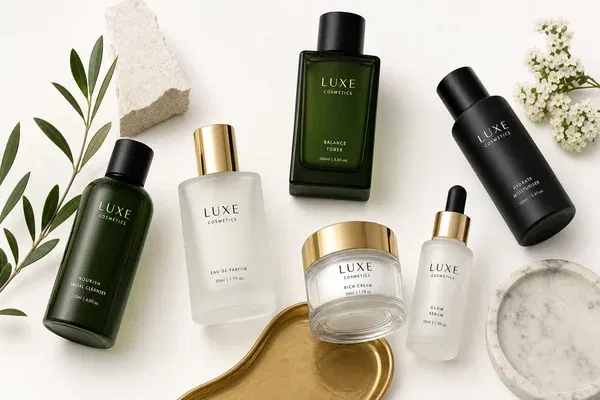 Collection of GlassyPack sustainable beauty packaging solutions including frosted and color-coated bottles