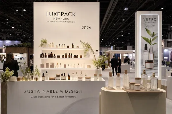 LuxePack NY 2026 exhibition hall showing sustainable glass cosmetic packaging displays