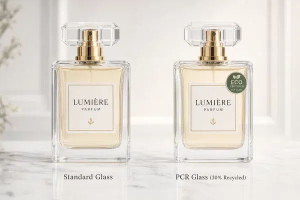 Comparison of standard glass and PCR glass perfume bottles showing high clarity