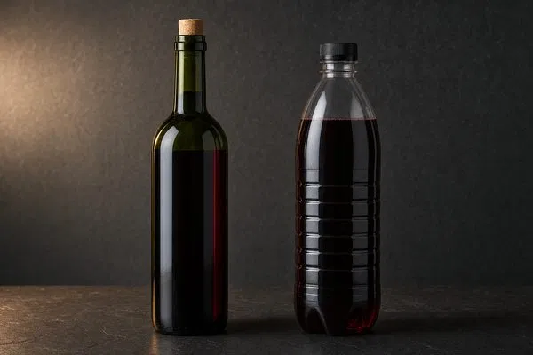 A classic glass wine bottle placed next to a modern PET plastic wine bottle, highlighting the packaging debate