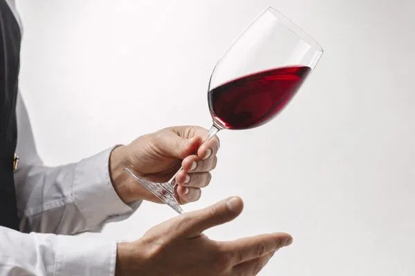 A sommelier examining the color and clarity of red wine in a glass, emphasizing quality preservation