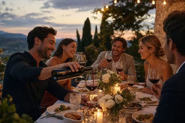 A diverse group of friends enjoying wine from a glass bottle at a dinner party, showcasing consumer preference