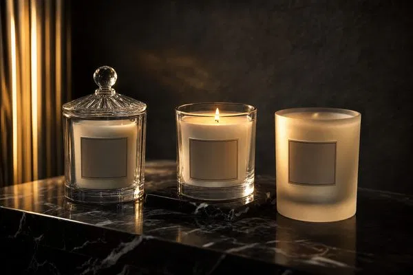 Premium custom glass candle jars with elegant labels arranged on a dark marble surface