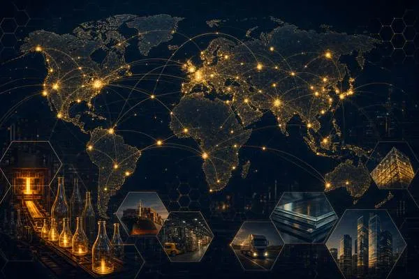 Abstract visualization of global supply chain logistics and glass manufacturing data