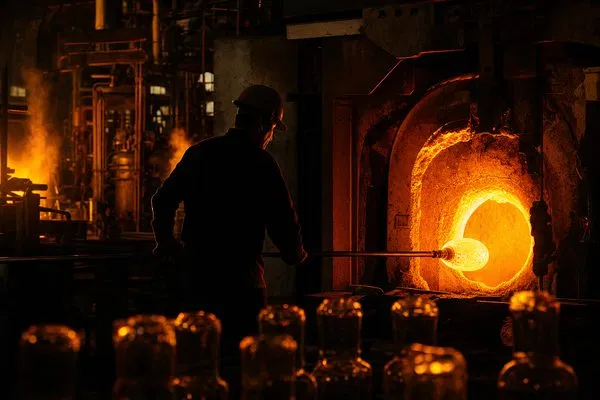 Industrial view of a glass furnace and glowing molten glass being molded into jars