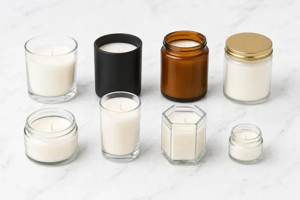Collection of diverse clear and frosted glass candle jars on a clean white studio background