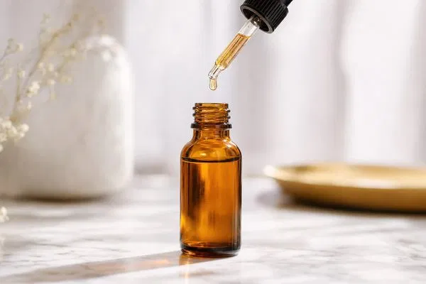 Premium skincare serum in an amber glass dropper bottle on a marble surface with golden lighting