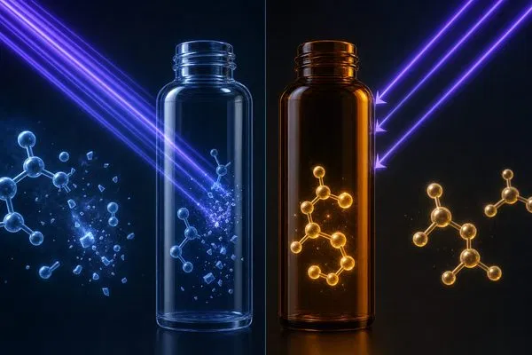 Abstract visualization of UV light being blocked by amber glass protecting a molecular structure