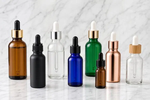 Collection of diverse customized glass dropper bottles showing different colors, frosted finishes, and metallic collars