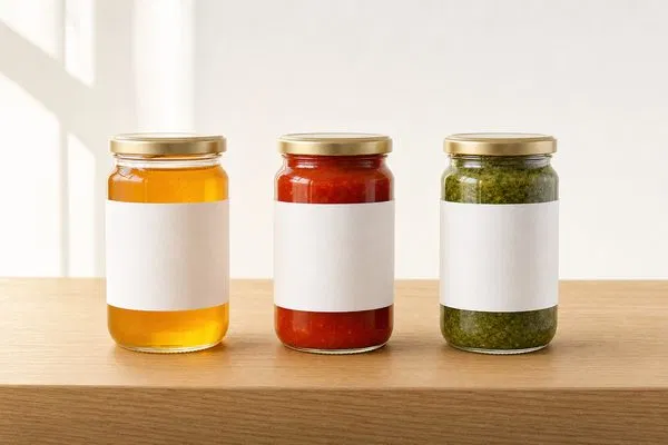 Minimalist clear glass food jars with simple labels on a clean wooden surface