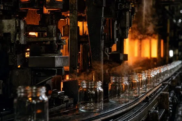 Industrial glass manufacturing process showing clear glass jars on a production line