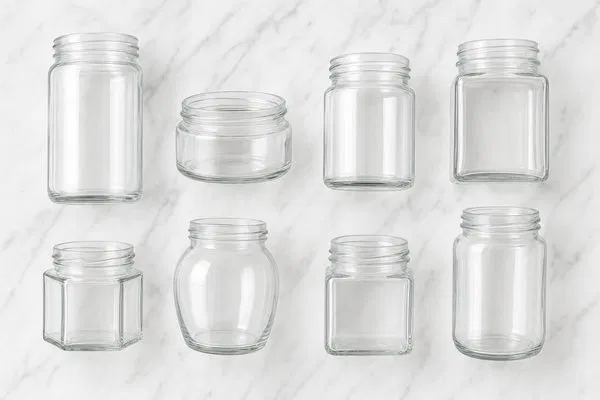 Collection of diverse clear glass food jars showcasing different minimalist shapes