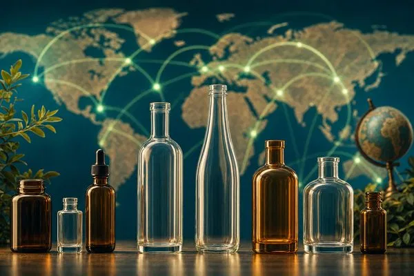 Glass bottles arranged in front of a global trade map, representing international EPR compliance