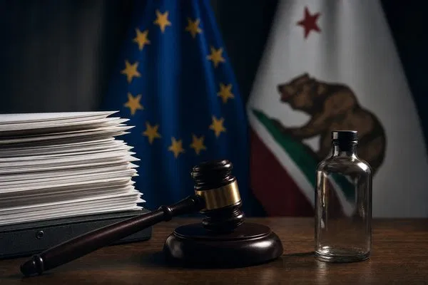 A judge's gavel, regulatory documents, and a glass bottle in front of EU and California flags