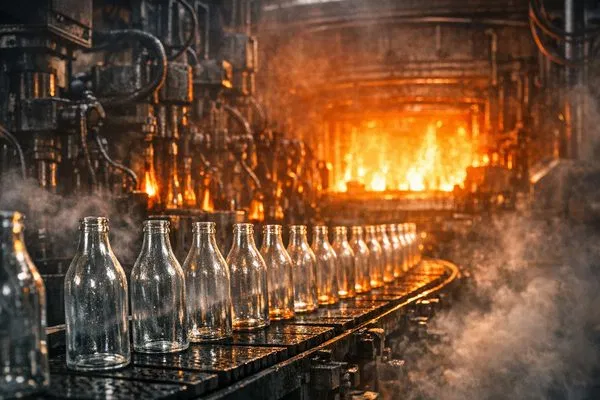 Glass bottles on a conveyor belt inside a glowing industrial furnace, representing glass manufacturing