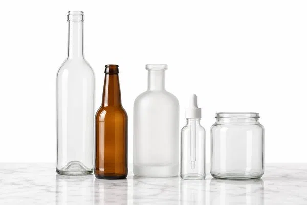 A collection of premium glass bottles including wine, beer, spirit, cosmetic, and food jar on white marble