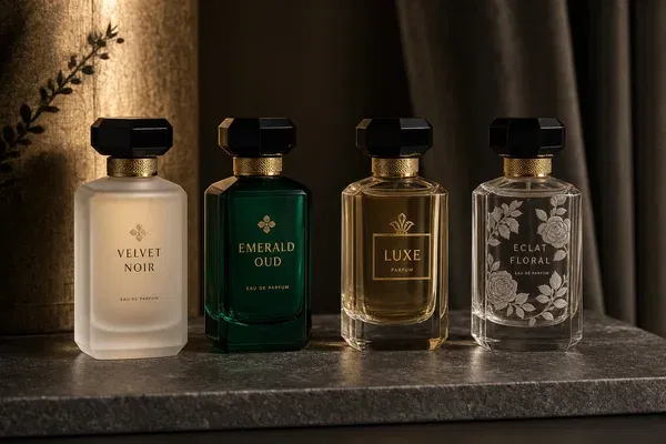 Perfume bottles featuring custom decorations like frosting, color coating, and hot stamping