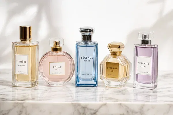 Elegant display of various luxury glass perfume bottles with gold and silver accents