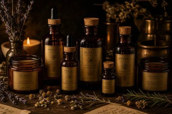 Collection of vintage amber apothecary glass bottles with cork stoppers, filled with essential oils and botanical serums, surrounded by dried herbs