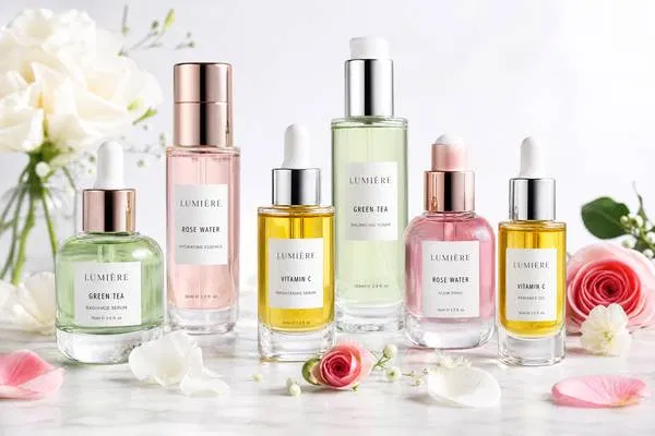 Collection of crystal-clear flint glass cosmetic bottles containing vibrant green tea, rose water and vitamin C serums on white marble with flowers