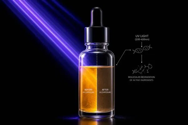 Scientific visualization showing UV light rays hitting a clear glass dropper bottle, illustrating before and after molecular degradation of active ingredients